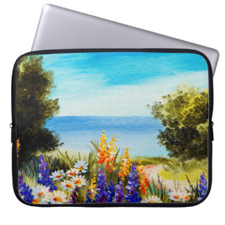 Capa Para Notebook pintura de óleo de flores perto do mar, campo de c