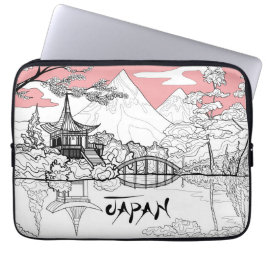 Capa Para Notebook Pintura em Linha do Templo Japonês Lake Mountain