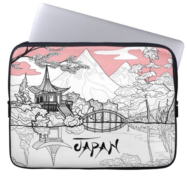 Capa Para Notebook Pintura em Linha do Templo Japonês Lake Mountain (Frente)