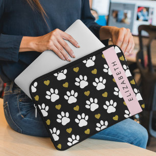 Capa Para Notebook Pinturas De Cães, Patas Brancas, Corações Dourados