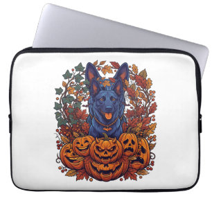 Capa Para Notebook Pitbull Azul Abóboras de Halloween Folhas de Outon