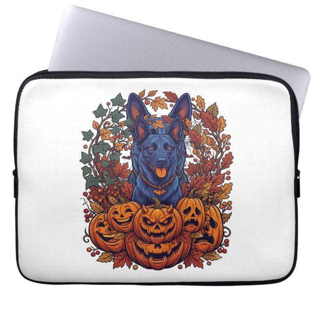 Capa Para Notebook Pitbull Azul Abóboras de Halloween Folhas de Outon (Frente)