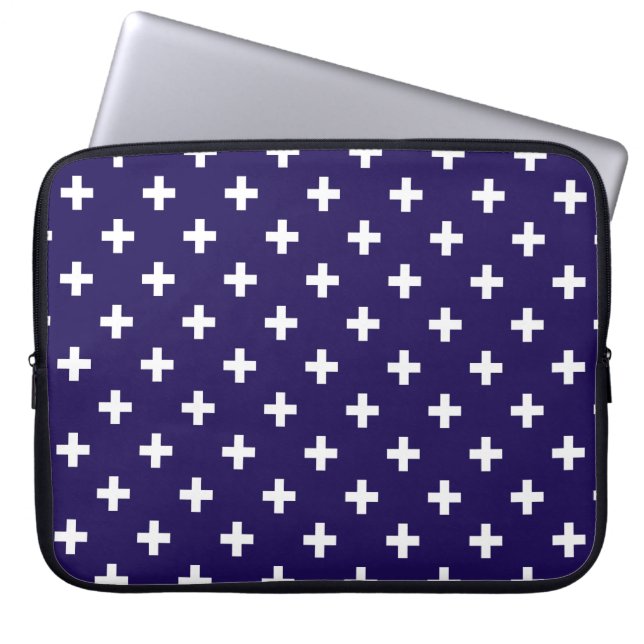 Capa Para Notebook Polka branca cruza a azul-marinho (Frente)