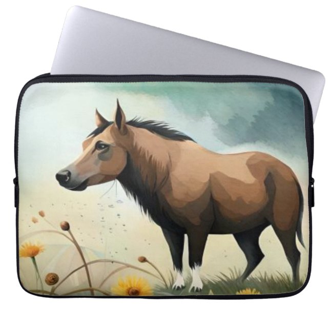 Capa Para Notebook Pônea castanho-branca no campo floral (Frente)