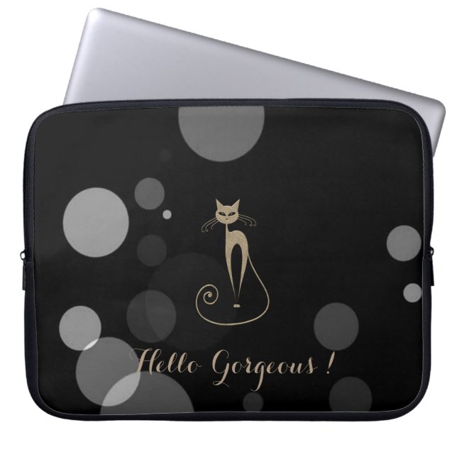 Capa Para Notebook Pontos Cinzas Em Fundo Preto,Gato,Olá Lindíssimo (Frente)