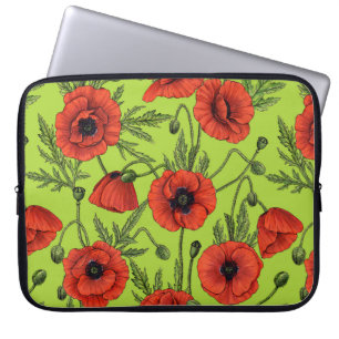 Capa Para Notebook Poppies, vermelhos e verdes no verde limão