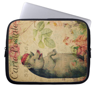 Capa Para Notebook Porco Postal Francês Vintage Com Crown Floral 