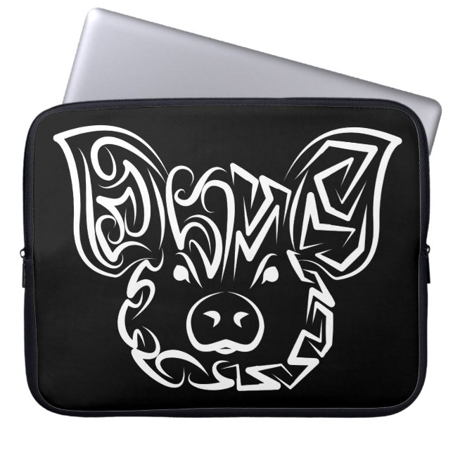 Capa Para Notebook Porco Tribal Negro e Branco (Frente)
