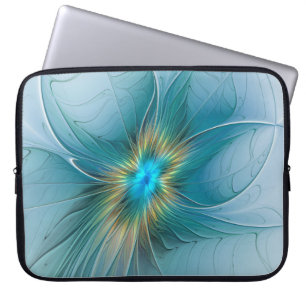 Capa Para Notebook Pouca flor Dourado azul moderna do Fractal da