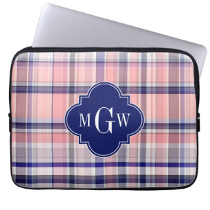 Capa Para Notebook Preppy branco, Marinho rosa, Madras Quatrefoil Mon