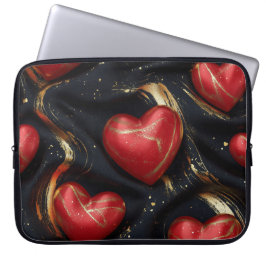 CAPA PARA NOTEBOOK PRETO COM CORAÇÕES DE NAMORADOS VERMELHO E DOURADO