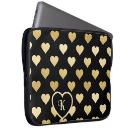 Capa Para Notebook Preto com Corações de Ouro, Monograma