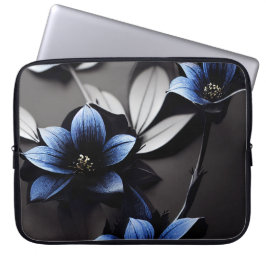CAPA PARA NOTEBOOK PRETO COM FLORES AZUIS ESCURAS