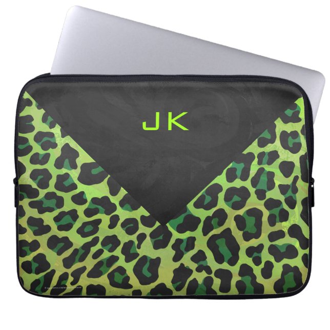 Capa Para Notebook Preto-leopardo e Verde com Monograma (Frente)