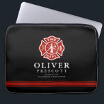 Capa Para Notebook Preto voluntário do símbolo da cruz maltesa do<br><div class="desc">Uma caixa preta temático do laptop do sapador-bombeiro feito sob encomenda costurou ao sapador-bombeiro voluntário.  A cruz maltesa é representante de sapadores-bombeiros americanos e de salvamento do fogo.</div>