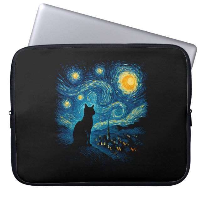 Capa Para Notebook Protetor de Laptop Silhueta de Gato Noite Estrelad (Frente)