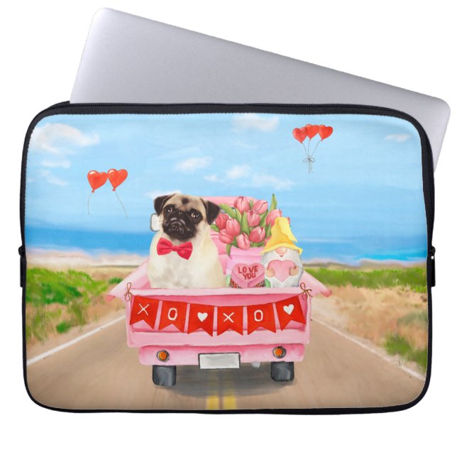 Capa Para Notebook Pug Dog Dia de os namorados Truck Hearts (Frente)