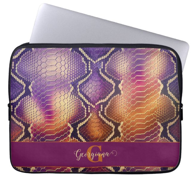 Capa Para Notebook Púrpura e Púrpura e Pele Cobra de Shimmering Doura (Frente)