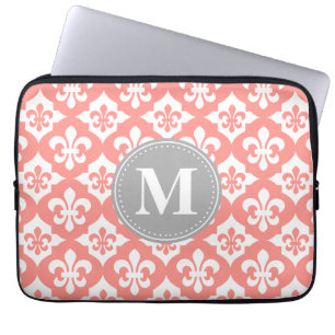 Capa Para Notebook Quatrefoil Fleur-De-Lis Cinza Cor-De-Coral Monogra