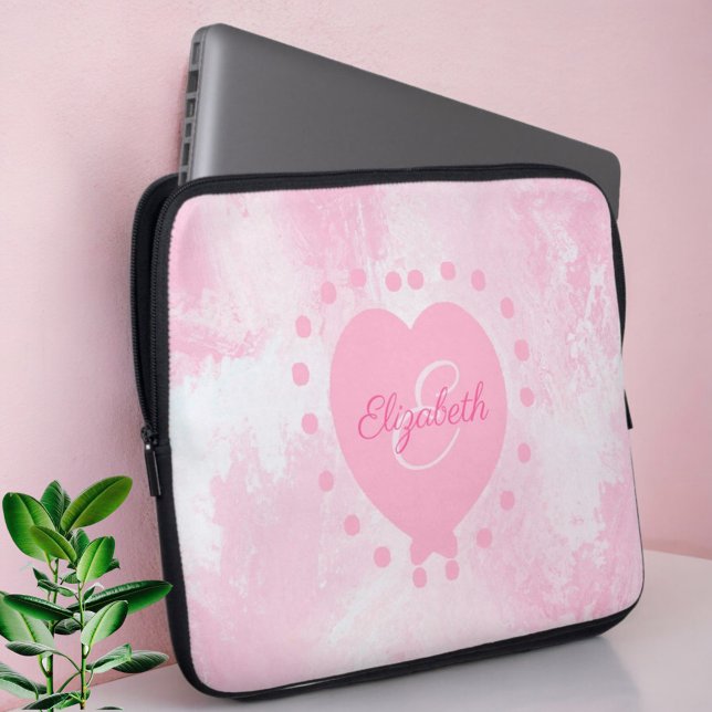 Capa Para Notebook Quic Girly Pink Heart Monograma Primeira Aquarela (Angled open neoprene laptop case. Laptop not included.)