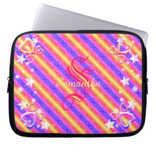 Capa Para Notebook Rainbow Stripe Monogram Name Sparkle Hearts Girly