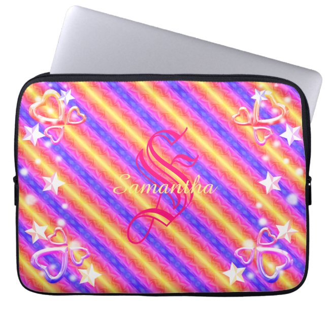 Capa Para Notebook Rainbow Stripe Monograma Name Sparkle Hearts Girly (Frente)