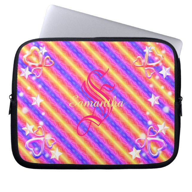 Capa Para Notebook Rainbow Stripe Monograma Name Sparkle Hearts Girly (Frente)