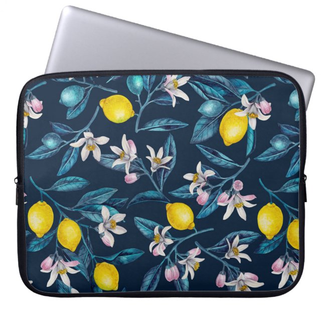 Capa Para Notebook Ramos de limão com flores e fruta em azul (Frente)