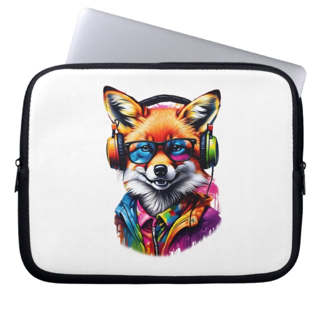 Capa Para Notebook Raposa em fones de ouvido e óculos (Frente)