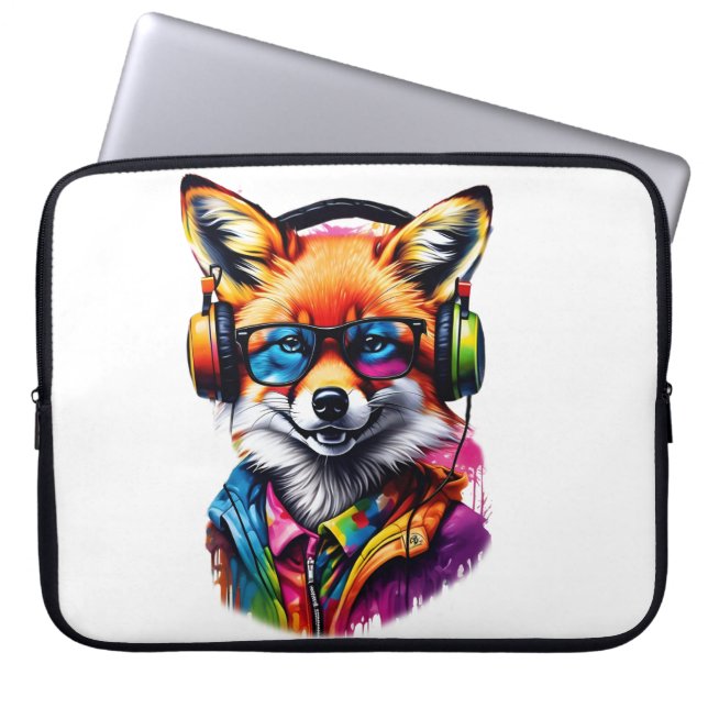 Capa Para Notebook Raposa em fones de ouvido e óculos (Frente)