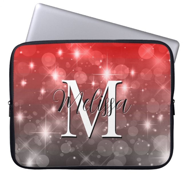 Capa Para Notebook Red & Cinza Bokeh Modern Monogramle Sparkle (Frente)