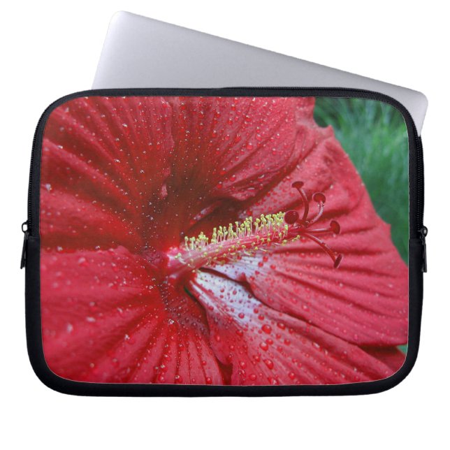 Capa Para Notebook Red Hibiscus com Gotas de Chuva (Frente)