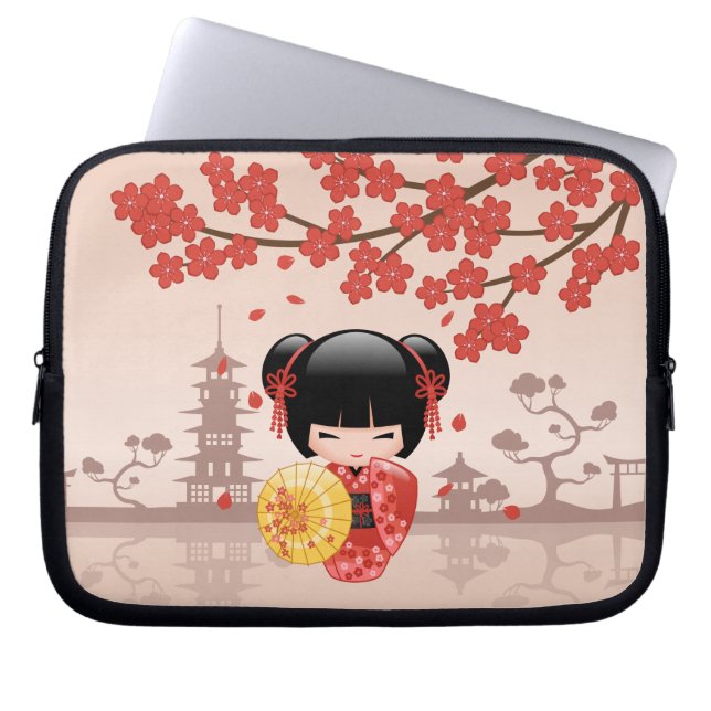 Capa Para Notebook Red Sakura Kokeshi Doll - Geisha Japonês (Frente)