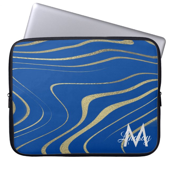 Capa Para Notebook Redemoinho de Folha de Ouro Azul Monogramado  (Frente)