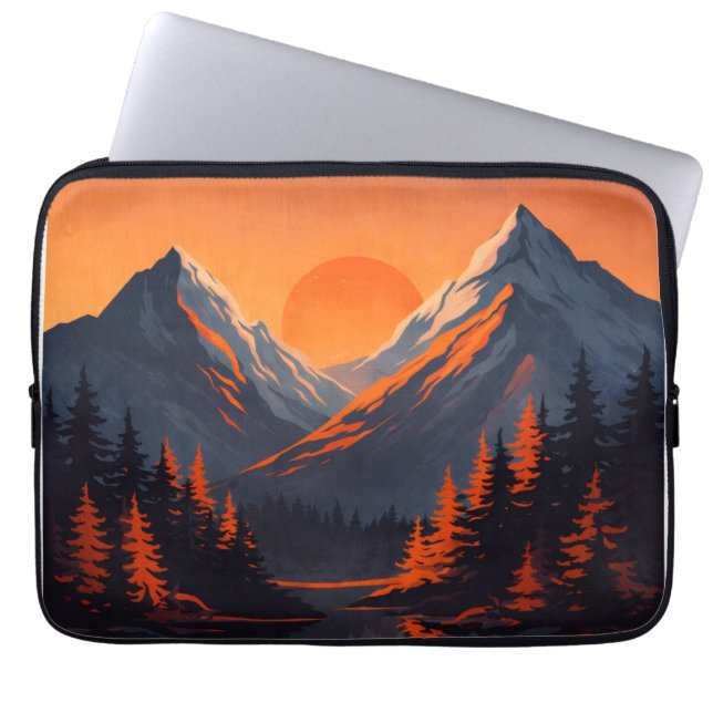 Capa Para Notebook Reflexo do Pôr do Sol na Montanha com Céu Laranja  (Frente)