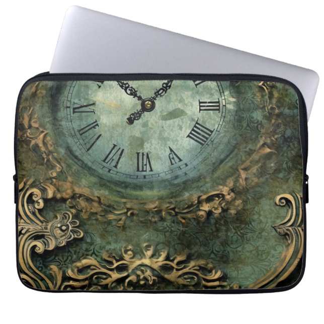 Capa Para Notebook Relógio Steampunk Rústico Verde Esmeralda (Frente)