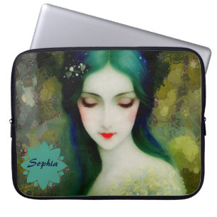 Capa Para Notebook Retrato da Mulher Fantasia Elegante em Verde e Azu