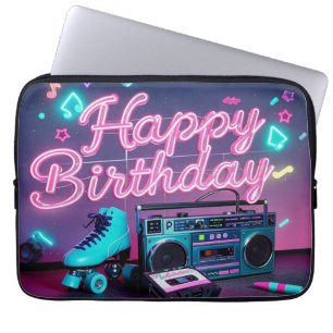 Capa Para Notebook Retro neon Happy Birthday assina rosa e cor-de-ros