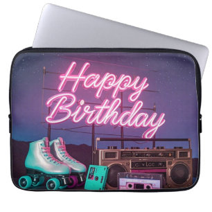 Capa Para Notebook Retro neon Happy Birthday assina rosa e cor-de-ros