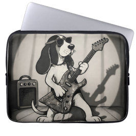 Capa Para Notebook Retro Rockstar Basset Hound Guitarrista Monocromát