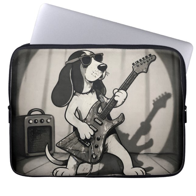 Capa Para Notebook Retro Rockstar Basset Hound Guitarrista Monocromát (Frente)