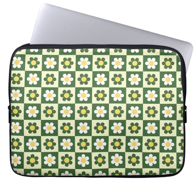 Capa Para Notebook Retro Verde Sage e Creme Xadrez de Margarida  (Frente)