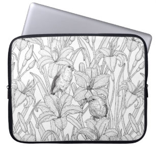 Capa Para Notebook Robins e flores, preto e branco