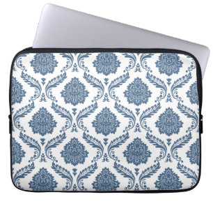 Capa Para Notebook Rococó Damask Grande Padrão Azul sobre Branco