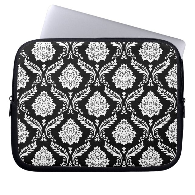 Capa Para Notebook Rococó Damask Grande Padrão Branco no Preto (Frente)