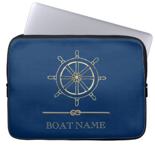 Capa Para Notebook Roda de Leme Náutica Dourada, Azul Marinho