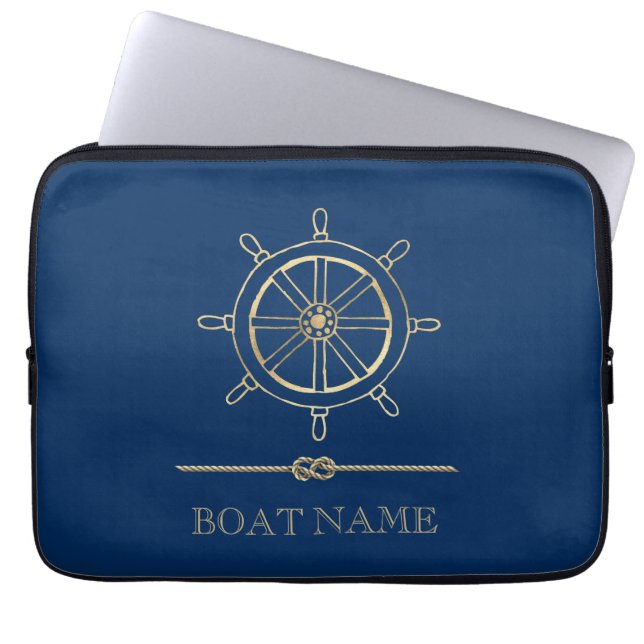 Capa Para Notebook Roda de Leme Náutica Dourada, Azul Marinho (Frente)