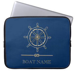 Capa Para Notebook Roda de Leme Náutico Dourada, Azul Marinho