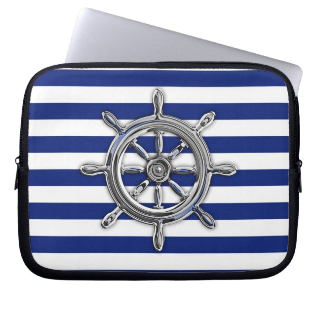 Capa Para Notebook Roda tipo cromo em tiras de Marinho (Frente)
