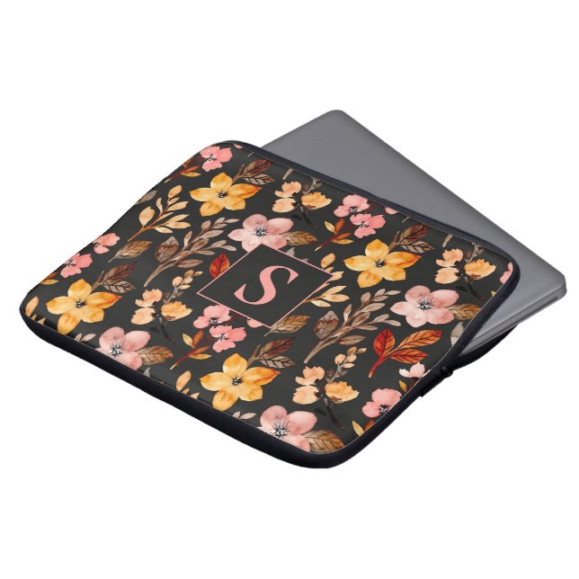 Capa Para Notebook Rosa Amarelo Laranja Floral Preto Monogramado (Frente Topo)